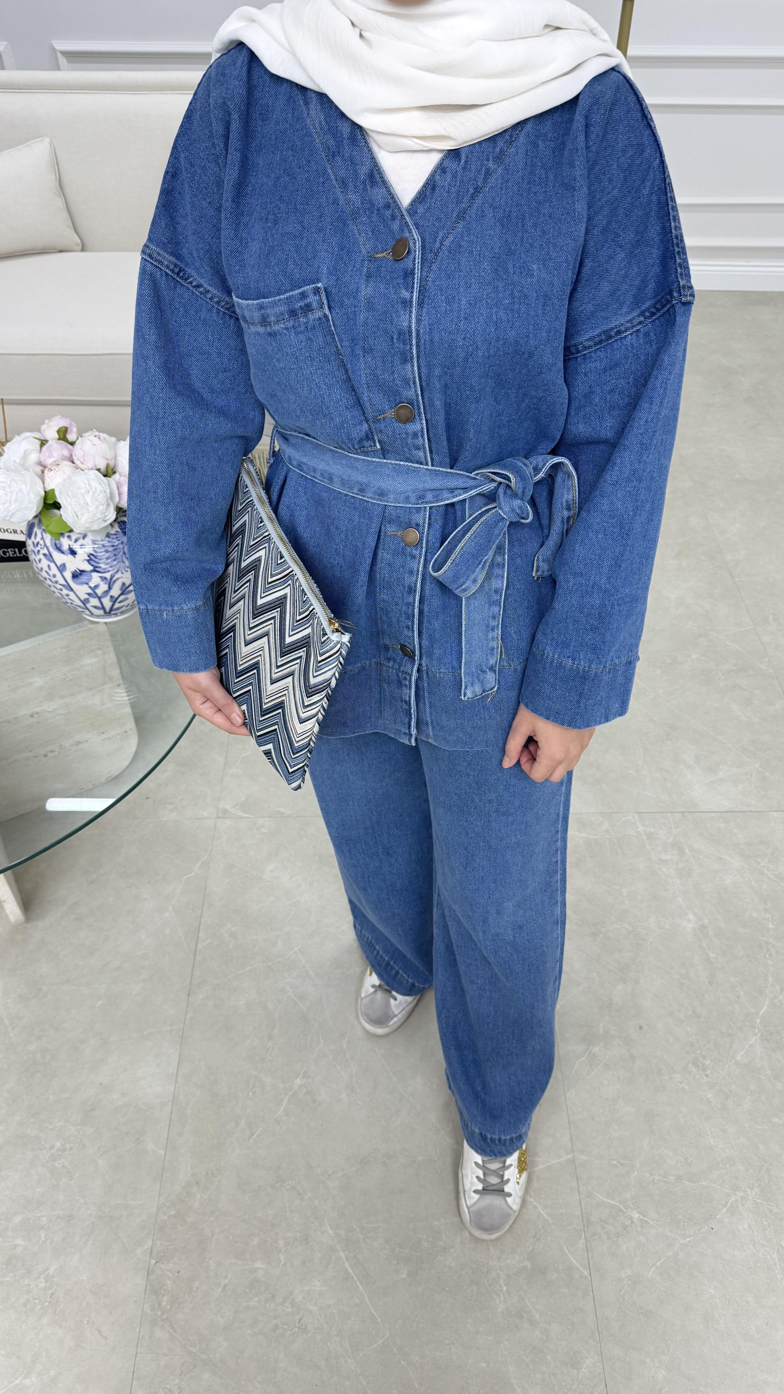 V Yaka Denim Takım Mavi