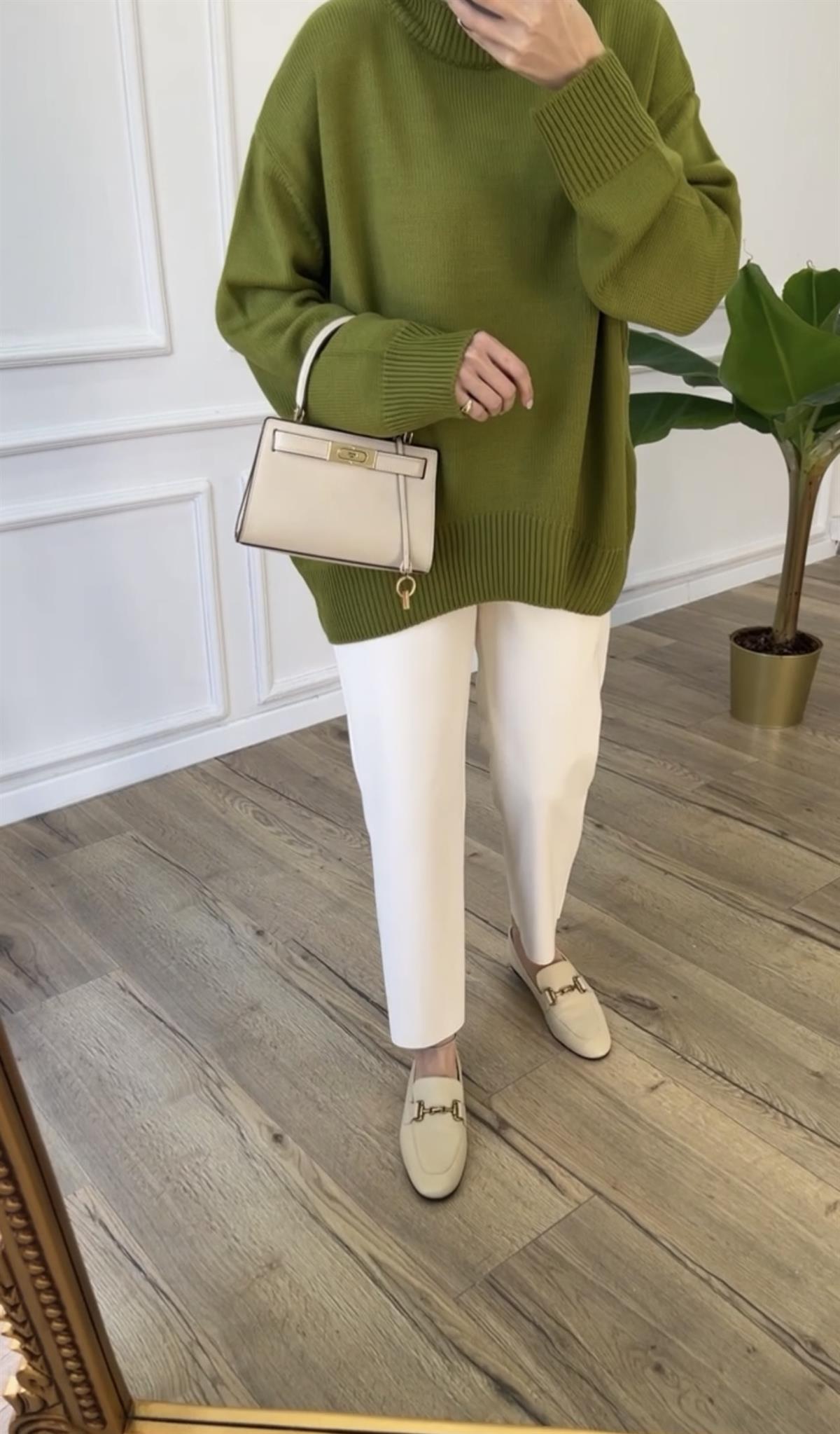 Yağ Yeşili - Bisiklet Yaka Triko