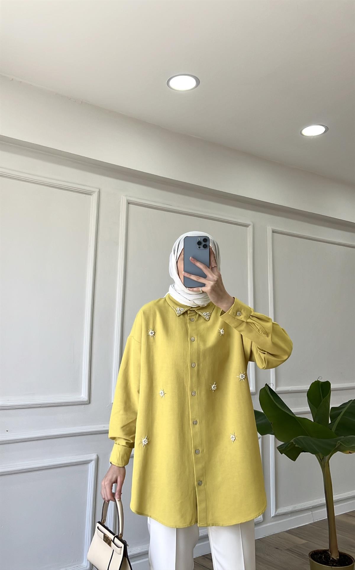 Yağ Yeşili - Keten İşlemeli Gömlek