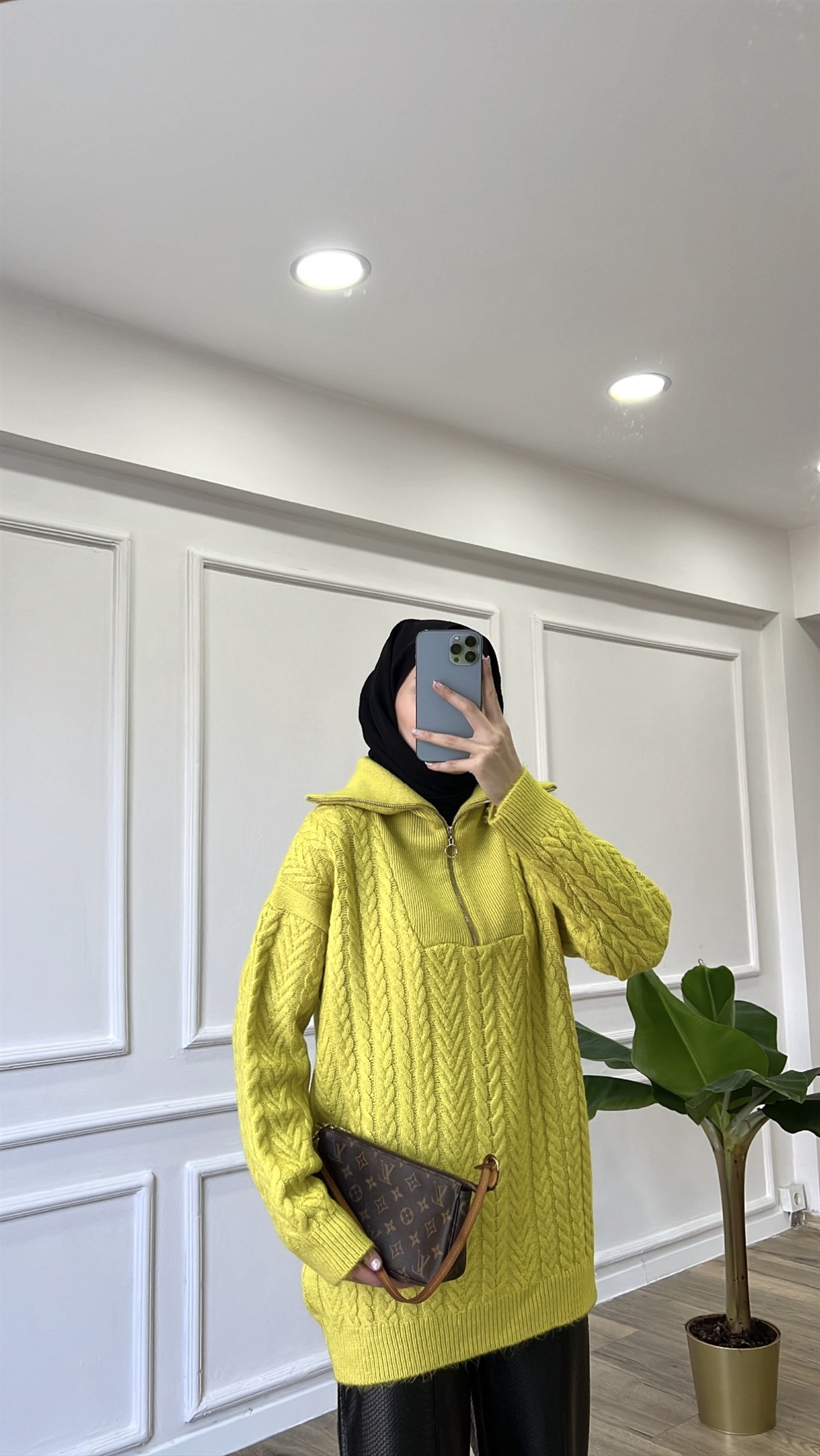 Yağ Yeşili Örgülü Kazak 