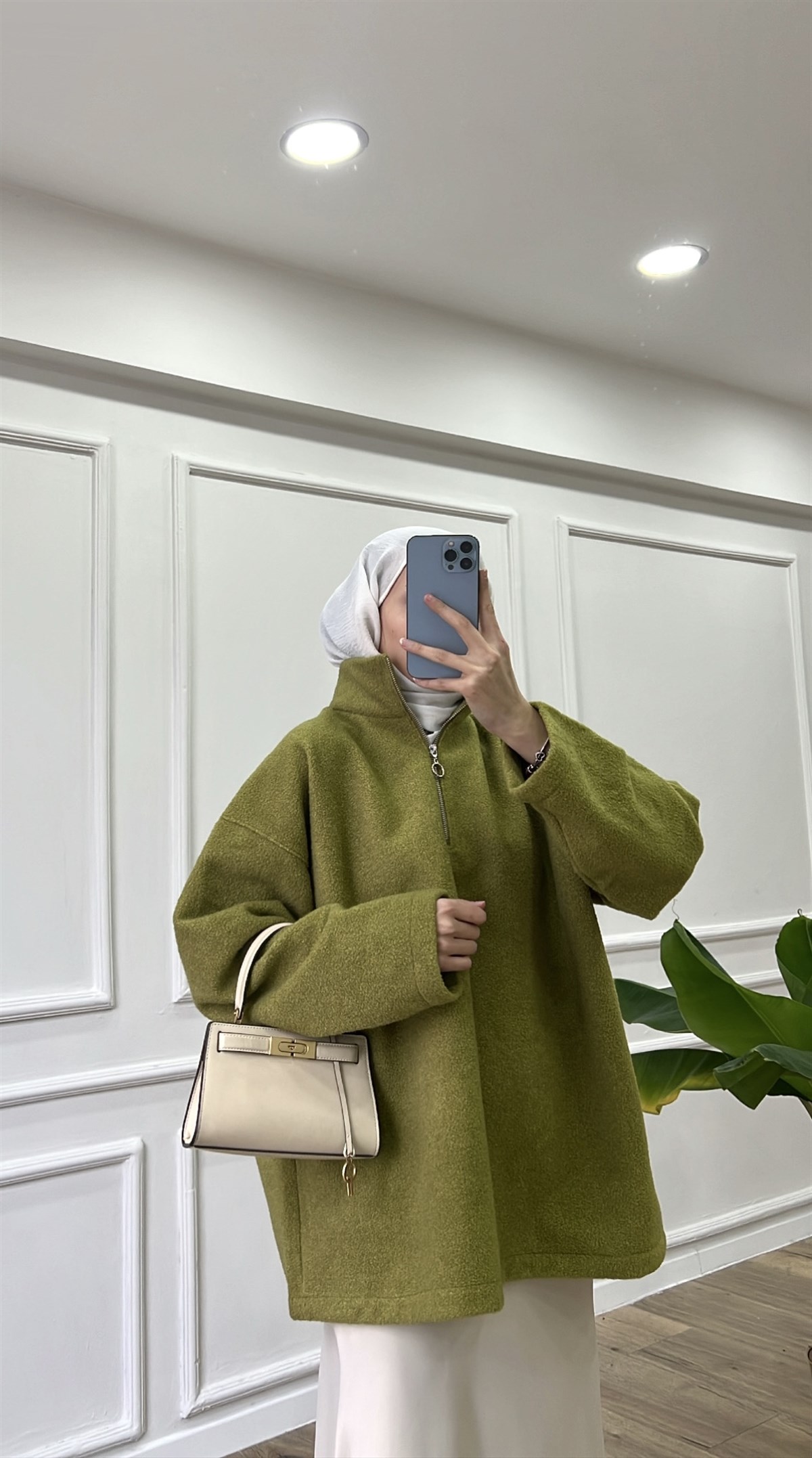 Yağ Yeşili Polarlı Sweatshirt