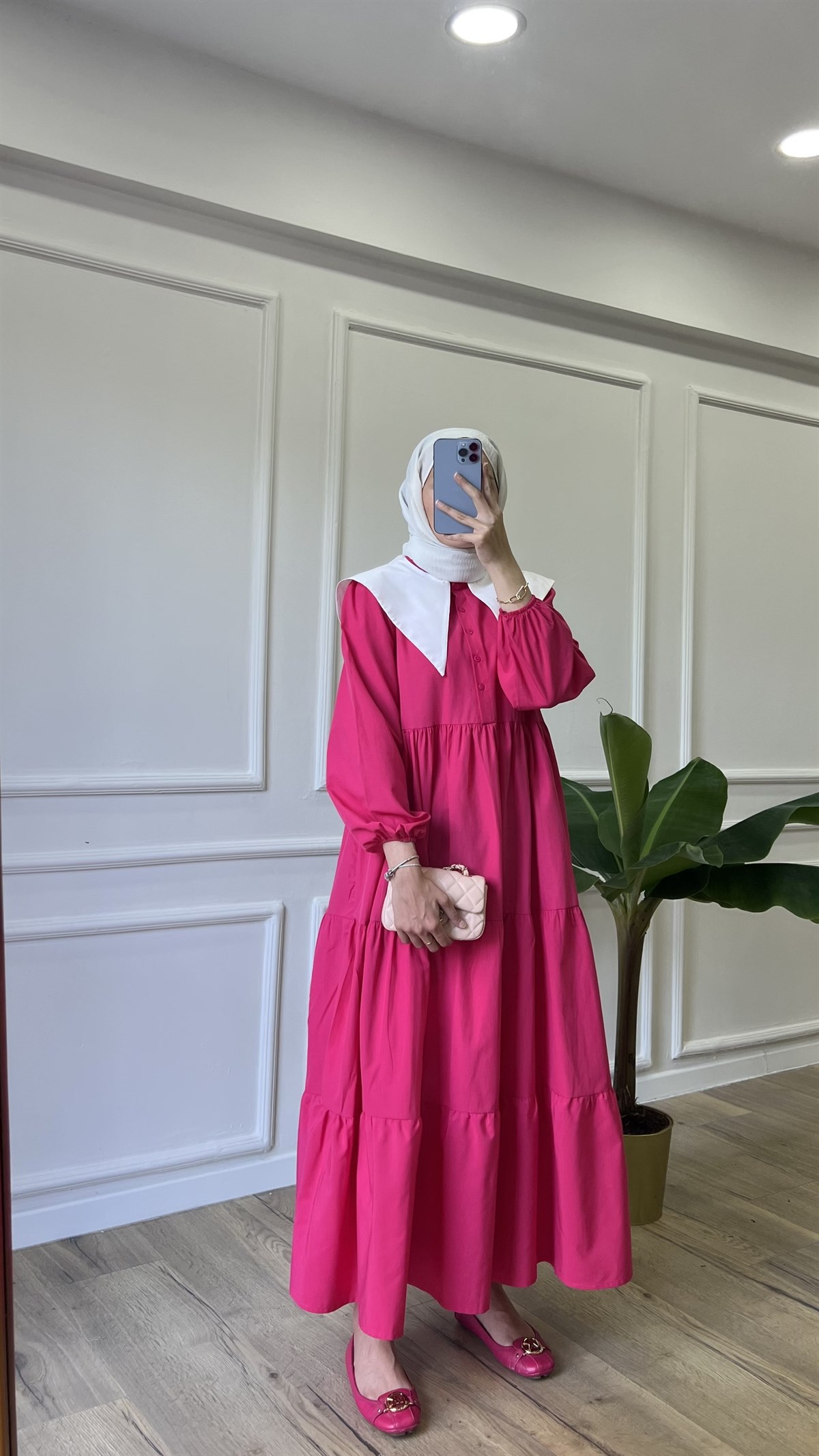 Yaka Detaylı Kat Elbise - Pembe