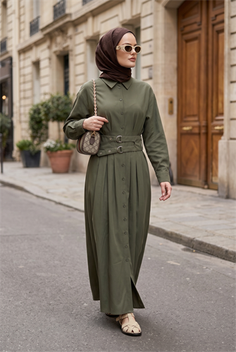  Elara Çift Kemerli Tencel Elbise-Hakiyeşil