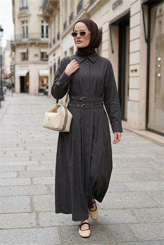  Elara Çift Kemerli Tencel Elbise-antrasitgri