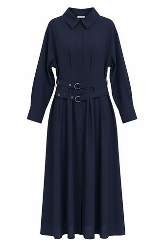  Elara Çift Kemerli Tencel Elbise-Lacivert