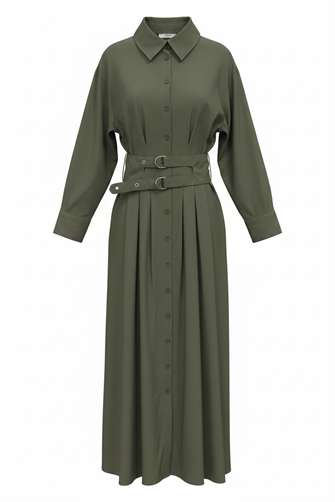  Elara Çift Kemerli Tencel Elbise-Hakiyeşil
