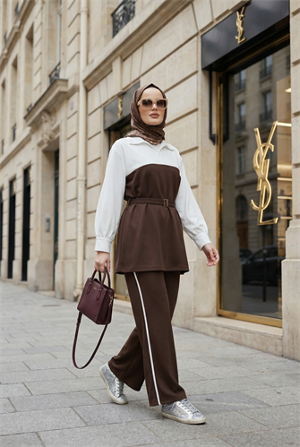 Avelin Kemer Detaylı Modal Kumaş Kadın Tesettür İkili Takım – Acıkahve