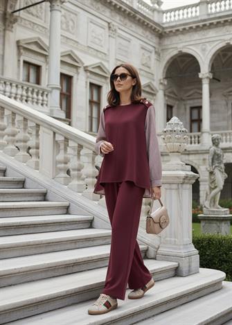 Merina İkili Takım – Çizgili Gömlek Detaylı Bordo