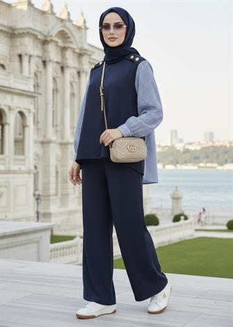 Maribel  İkili Takım – Çizgili Gömlek Detaylı Lacivert