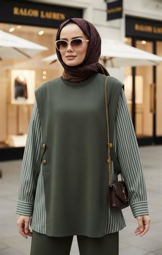 Liora Kadın Tesettür İkili Takım – Pamuklu İki İplik Gömlek Detaylı- Hakiyeşil