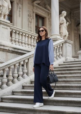 Merina İkili Takım – Çizgili Gömlek Detaylı Lacivert