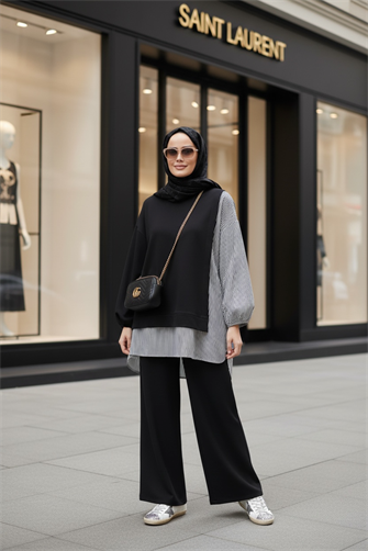 طقم قميص خط مزدوج أسود