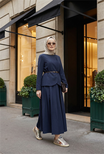 Kupra Kumaş Kemerli Ceket Etek Üçlü Takım – Lacivert