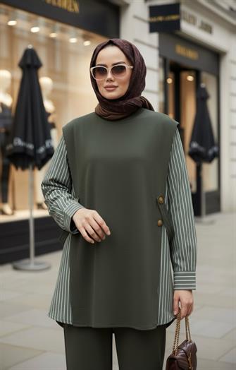 Liora Kadın Tesettür İkili Takım – Pamuklu İki İplik Gömlek Detaylı- Hakiyeşil