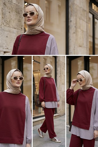 Kadın Tesettür Takım  Line İkili Gömlek Takım AçıkBordo