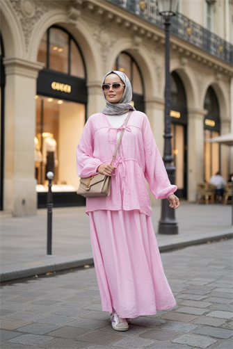 Pamuk Vual Kimono Etekli Takım | Astarlı  | 36-44 Beden Pembe