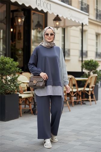 Line Gömlek Detaylı Tunikli İkili Takım | Cepli Bol Paça ve Tunikli  Antrasitgri