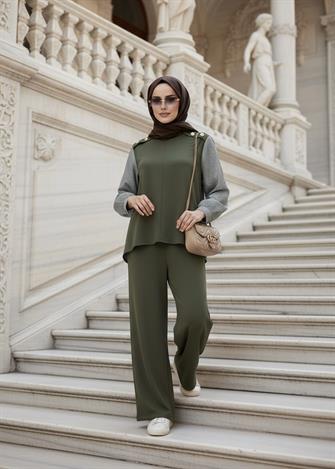 Maribel  İkili Takım – Çizgili Gömlek Detaylı Yeşil
