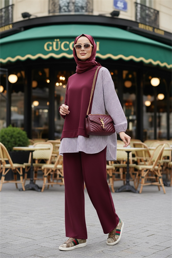 Çizgili Gömlek Detaylı Tunikli Bordo
