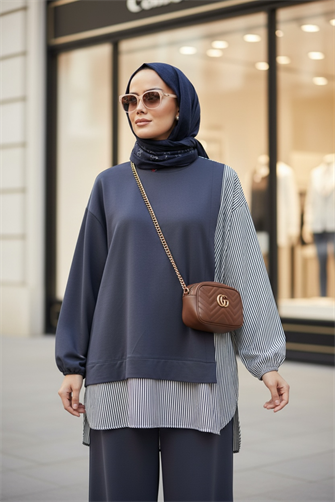 Kadın Tesettür Takım Line İkili Takım Gömlek Koyugri