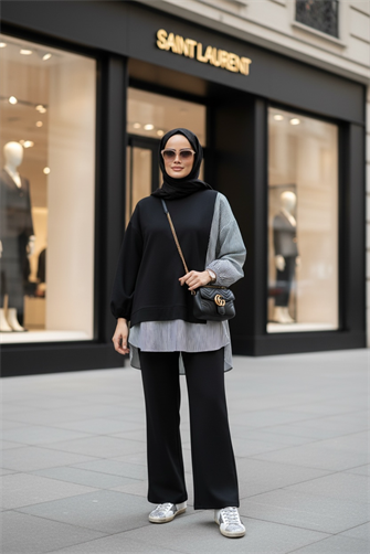 طقم قميص خط مزدوج أسود