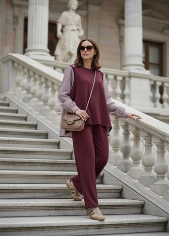 Merina İkili Takım – Çizgili Gömlek Detaylı Bordo