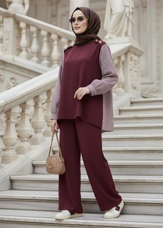 Maribel  İkili Takım – Çizgili Gömlek Detaylı Bordo 