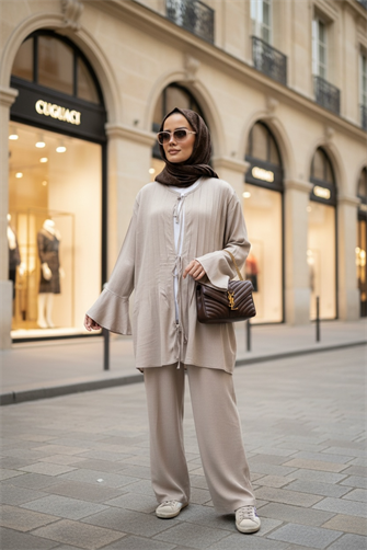 Rahat Ham Keten İkili Takım - Pileli Geniş Kol Tunik Takım Bej