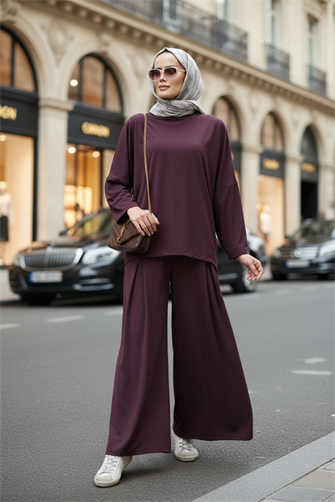 Light Touch Kumaş Pileli  Geniş Paça İkili Takım – Sezonsuz Tesettür Takım (36-50 Beden)Bordo
