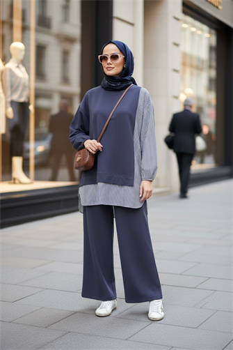 طقم قميص خطي مزدوج طقم أنثراسايت رمادي 