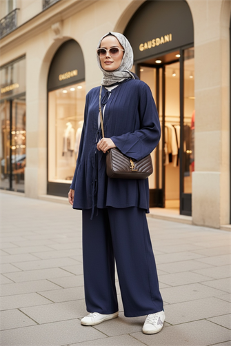 Rahat Ham Keten İkili Takım - Pileli Geniş Kol Tunik Takım