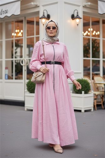 Fermuarlı Pamuklu Tesettür Elbise | Yazlık Günlük ve Özel Gün Elbisesi | Pembe