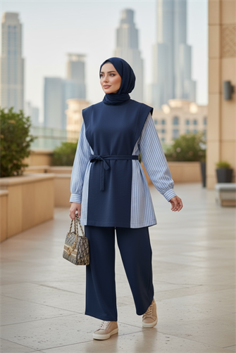 İki İplik Pamuklu Kuşaklı Tesettür Takım | Şık ve Rahat Günlük Kombin Lacivert