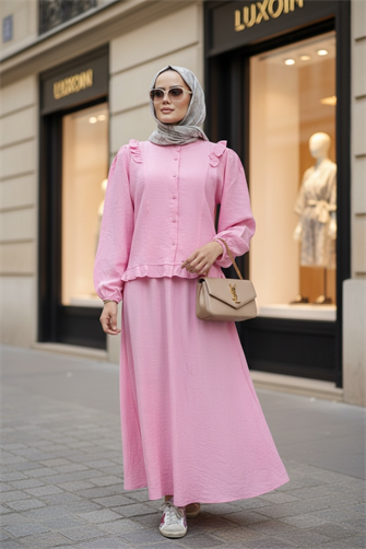 Çilek Kumaş Pamuklu Fırfırlı Gömlek Etekli Takım – Pembe