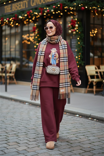 The Bear Society Özel Koleksiyon İkili Takım | Pamuklu Esnek Kumaş Bordo