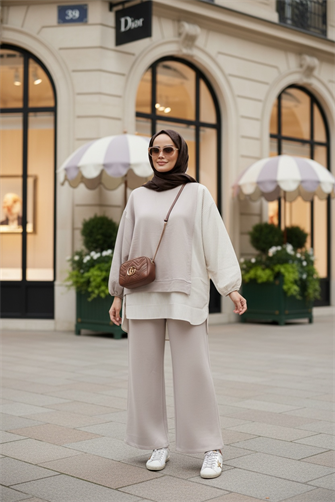 طقم قميص خطي طقم مزدوج بيج