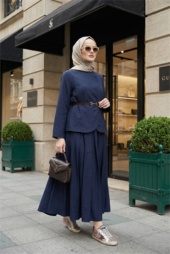 Kupra Kumaş Kemerli Ceket Etek Üçlü Takım – Lacivert