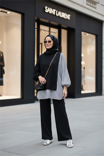 طقم قميص خط مزدوج أسود