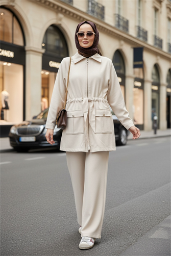 İthal Pamuklu Tensel Kumaş Fermuarlı Ceketli Liya Takım Bej