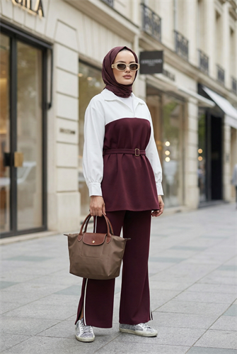 Avelin Kemer Detaylı Modal Kumaş Kadın Tesettür İkili Takım – Bordo 