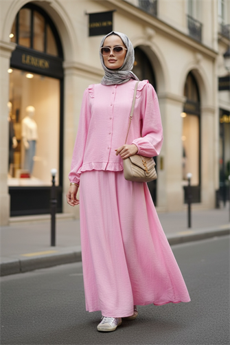 Çilek Kumaş Pamuklu Fırfırlı Gömlek Etekli Takım – Pembe