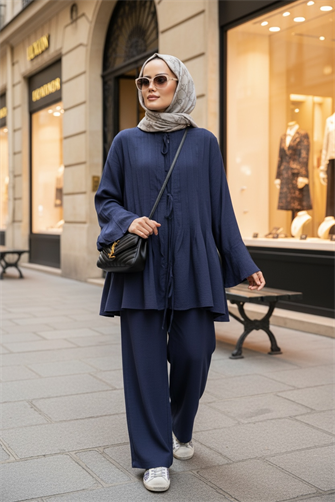 Rahat Ham Keten İkili Takım - Pileli Geniş Kol Tunik Takım