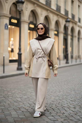 İki İplik Pamuklu Kuşaklı Tesettür Takım | Şık ve Rahat Günlük Kombin Bej