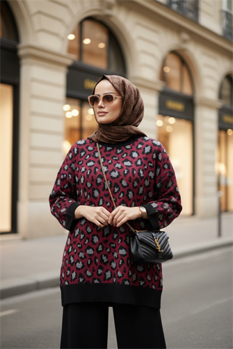 Leopar  Desenli Triko Takım Bordo