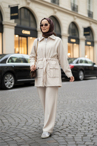 İthal Pamuklu Tensel Kumaş Fermuarlı Ceketli Liya Takım Bej