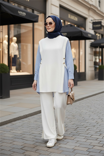 Liora Kadın Tesettür İkili Takım – Pamuklu İki İplik Gömlek Detaylı-Ekru