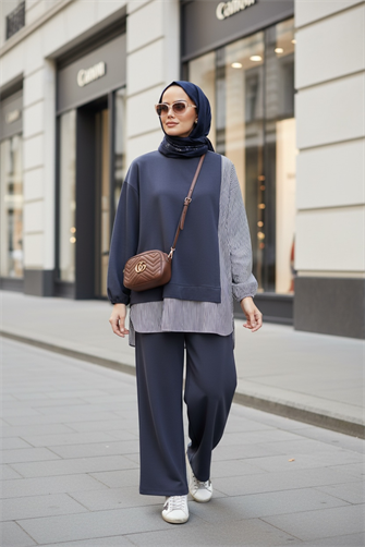 Kadın Tesettür Takım Line İkili Takım Gömlek Koyugri