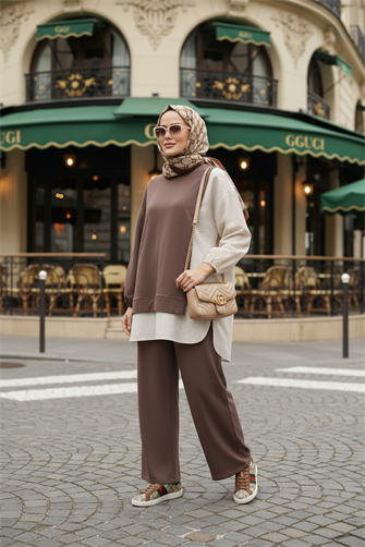 Line Gömlek Detaylı Tunikli İkili Takım | Cepli Bol Paça ve Tunikli  Kahve