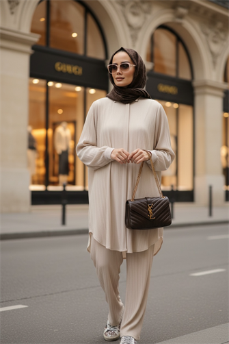 بدلة ساتان مطوية من الساتان بيج