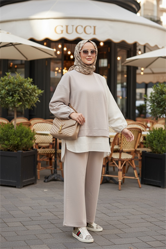 Line Gömlek Detaylı Tunikli İkili Takım | Cepli Bol Paça ve Tunikli  Bej